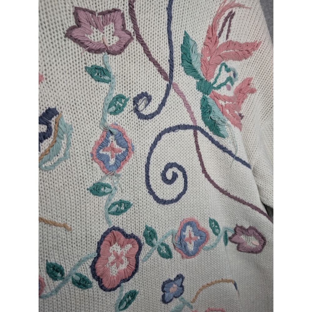 Gina Peters Vintage 90s Sweater Large Floral Embroidered Cottagecore Grannycore - Picture 3 of 10